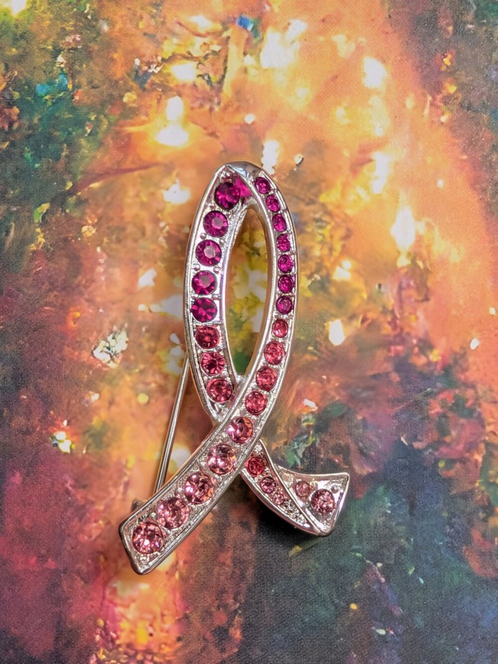 Vintage Pink Rhinestone Ribbon Brooch